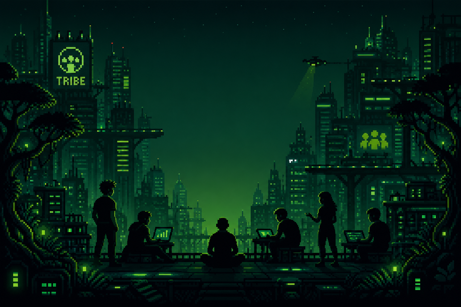 Cidade neon ao anoitecer com a turma reunida na Tribe